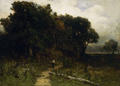 Untitled (landscape, woodcutter on path), 1879, Edward Mitchell Bannister