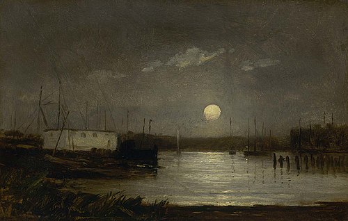 Untitled (moon over a harbor, wharf scene with full moon and masts of boats), 1868, Edward Mitchell Bannister
