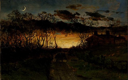 Untitled (sunset with quarter moon and farmhouse), 1883, Edward Mitchell Bannister