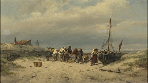 Fishermen at the beach, 1887, Johannes Hermanus Barend Koekkoek