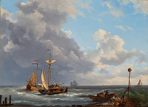 Zeegezicht - Op de voorgrond op het door zonlicht beschenen water, een tweemaster met Nederlandse vl, , Johannes Hermanus Barend Koekkoek