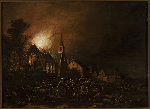 Church on fire, 1658, Egbert van der Poel