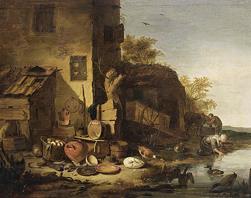 Cottage with a Still-Life of Kitchen Utensils, 1650, Egbert van der Poel