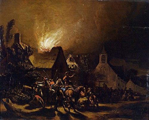 Marodeure vor einem brennenden Dorf, 1664, Egbert van der Poel