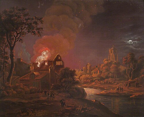 Moonlit River Landscape, House on Fire, , Egbert van der Poel