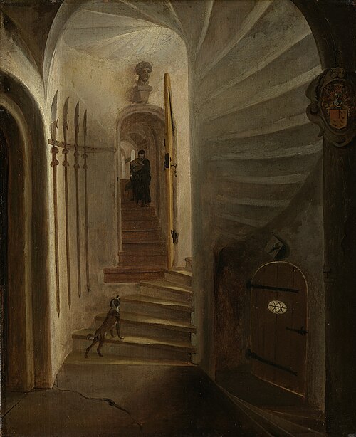 Portal of a stairway tower, with a man descending the stairs: presumably the moment before the assas, 1650, Egbert van der Poel