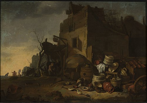 Ustensiles de cuisine devant une ferme., 1650, Egbert van der Poel