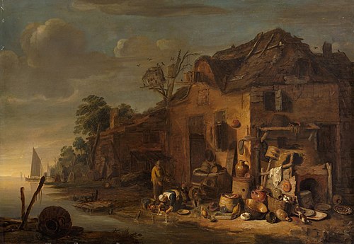 Landscape with farm at a river, 1647, Egbert van der Poel