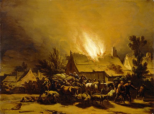 Peasants Fleeing a Burning Barn, 1655, Egbert van der Poel
