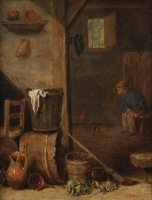 A kitchen interior with a figure seated in the adjoining room, 1680, Cornelis Saftleven