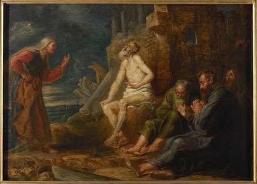 Job seated on a dunghill between his wife and his three friends (Job 1-42), 1650, Cornelis Saftleven
