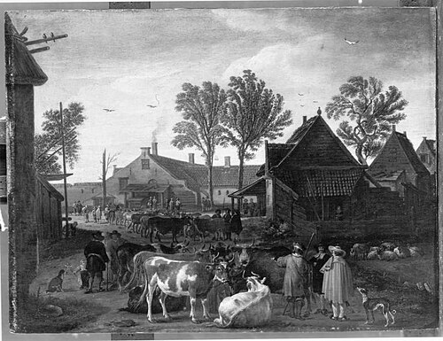 Cattle market in the hamlet Backersdorp near Vlissingen, 1610, Cornelis Saftleven