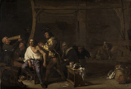 Interior with a man perfoming surgery on a shoulder, 1636, Cornelis Saftleven