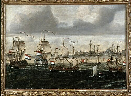 Het opbrengen van het Franse oorlogsschip Le Bourbon door de Vlissinger kaperschepen Neptunus en Con, 1714, Cornelis Louw