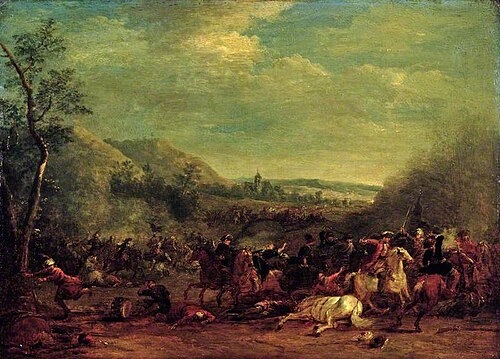 Cavalry Engagement against the Turks, with a Church in the Background, 1710, Jean Pierre van, the younger Bredael