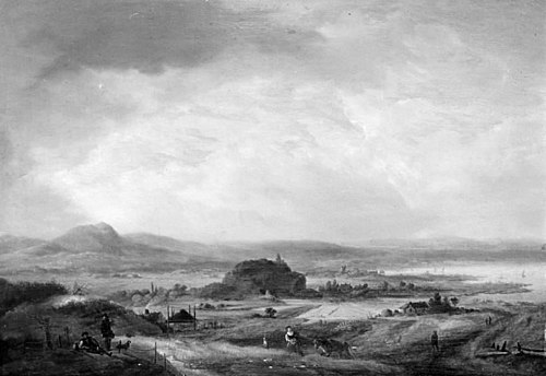 Bakket landskab med bønderhuse. I baggrunden en sø, 1734, Johann Salomon Wahl