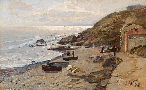 Abendstimmung mit Fischern an der Küste, 1890, Alfred Zoff
