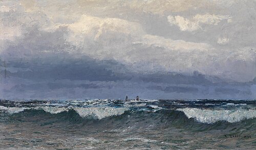 Meeresbrandung mit Segelschiffen am Horizont, 1896, Alfred Zoff