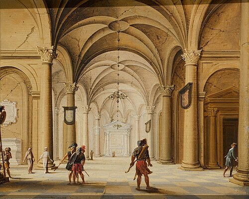 The interior of a cathedral with soldiers in the foreground, , Jan van der Vucht