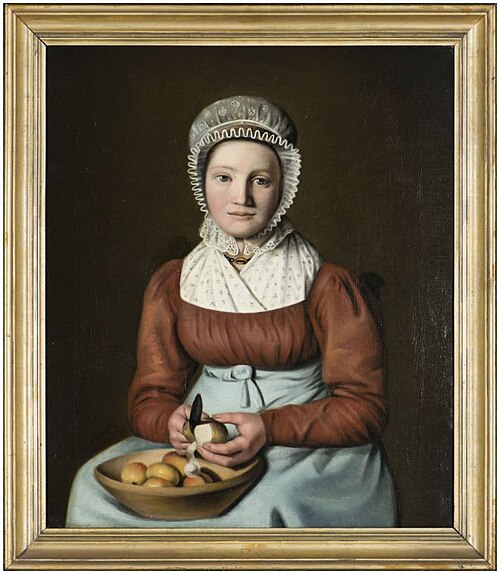 Portret van een dienstmaagd appelen schillend, 1830, Cornelis Wester