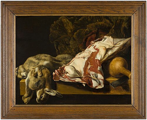 Stilleven met onder andere twee dode hazen en een rode kool, 1650, Dirck de Horn