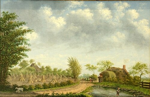Landschap in oogsttijd met enige personen, 1843, Jacob Bonga