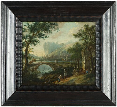 Arcadisch landschap met rivier, brug, boom, ruiter, huizen, schepen en heuvels, 1749, Johannes Buma