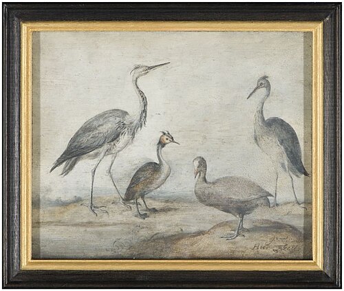 Blauwe reiger, fuut, meerkoet en jonge blauwe reiger, 1654, Margareta de Heer