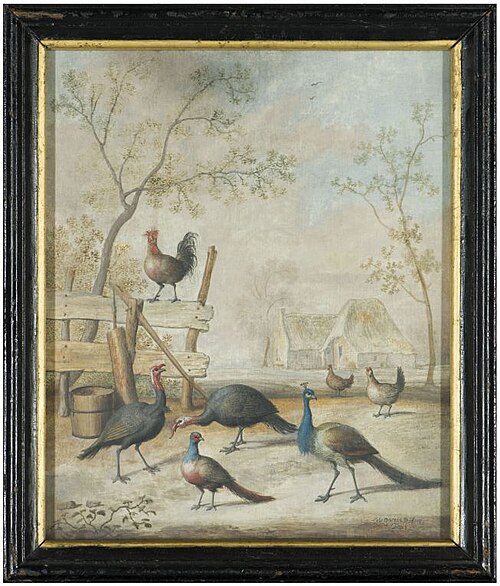 Landschap, links geboomte met houten hek waarop haan, 1649, Margareta de Heer