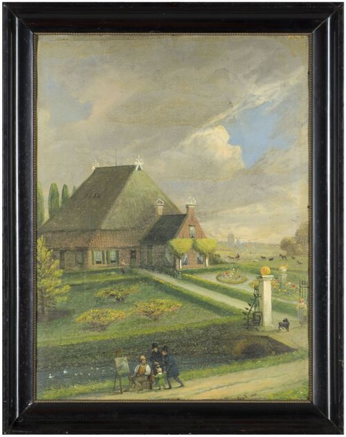 Landschap met kop-romp-type boerderij, vermoedelijk gelegen aan de Lekkumerweg onder Leeuwarden, 1843, Otto de Boer