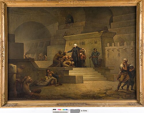 John Howard in een Egyptische gevangenis, brood uitdelende, 1828, Otto de Boer