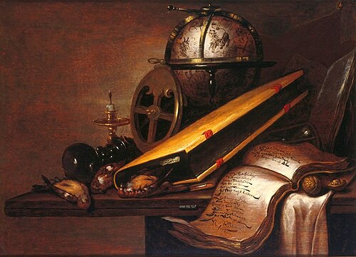 Vanitas-stilleven met o.a. boeken, astrolabium en globe, 1650, Petrus Schotanus à Sterringa