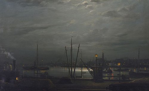 Zicht op de Maas en het Noordereiland vanaf de Oosterkade (?) bij nacht, , Rein Miedema