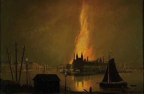 Zicht op een brand op het Noordereiland bij nacht, 1902, Rein Miedema