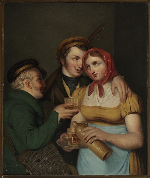 Jonge vrouw schenkt drank in glazen voor twee jagers, 1835, Wytze de Haan