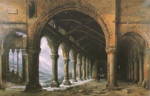 Effet de brouillard et de neige à travers une colonnade gothique en ruines, 1826, Louis Daguerre