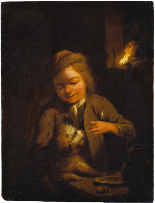 Boy Teasing a Dog: Nightscene Lit by Pinewood Torch, 1760, Johann Conrad Seekatz