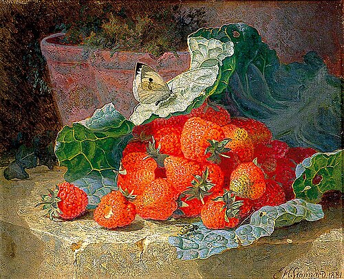 Strawberries in a Cabbage Leaf on a Table with a Flower Pot Behind, 1881, Eloise Henriet Stannard