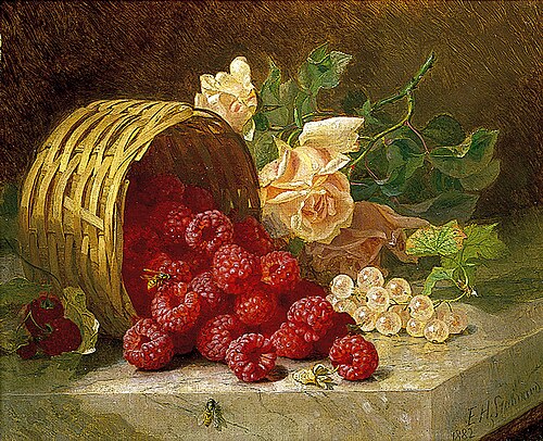 Overturned Basket with Raspberries, White Currants and Roses, 1882, Eloise Henriet Stannard