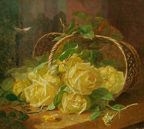 Still Life of Yellow Roses in an Upturned Basket, 1890, Eloise Henriet Stannard