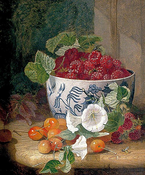 Still Life of Raspberries in a Willow Pattern Bowl, with Cherries and Bindweed, 1890, Eloise Henriet Stannard
