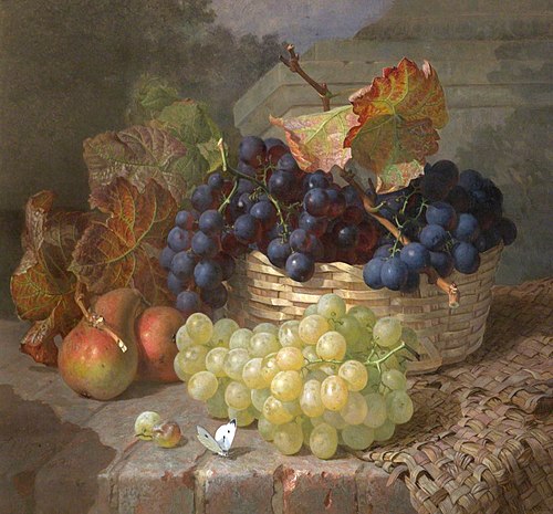 Still Life of White and Red Grapes in a Basket, with Two Pears and a Cabbage White, 1880, Eloise Harriet Stannard