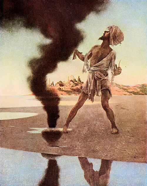 The Fisherman and The Genie: from the Arabian Nights, 1905, Maxfield Parrish
