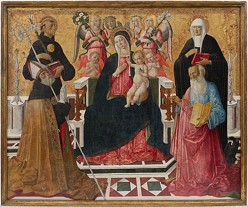 Madonna and Child with Saints Nicholas of Tolentino, Monica, Augustine, and John the Evangelist, , Girolamo di Benvenuto
