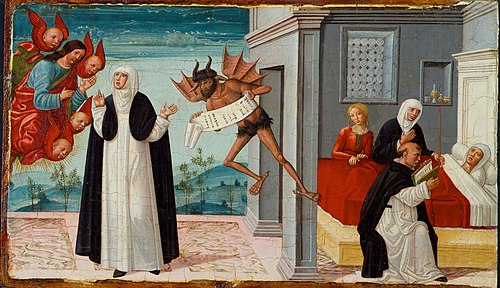 Saint Catherine of Siena Intercedes with Christ to Release the Dying Sister Palmerina from Her Pact , 1505, Girolamo di Benvenuto