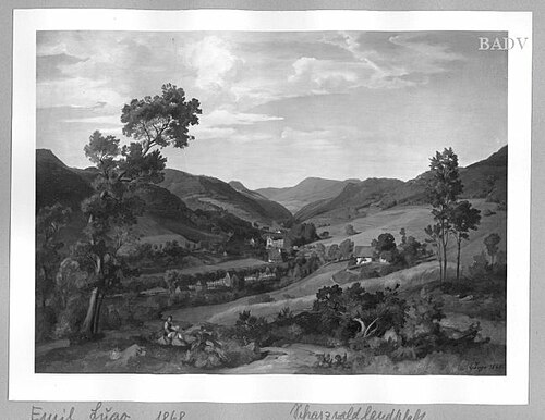 Landscape, houses in a valley, 1868, Emil Lugo