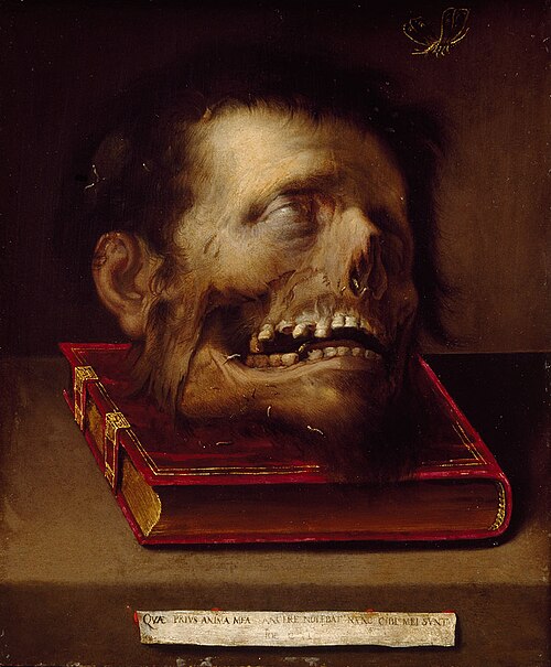 Halfverteerde manskop op boek, 1605, Jacopo Ligozzi