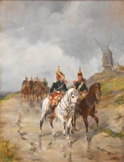 Soldiers and windmill, 1880, Emile Benassit