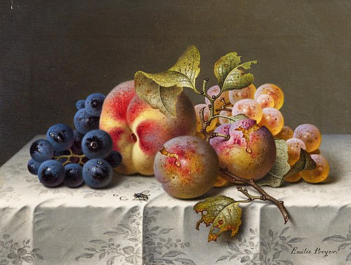 Still life with grapes and peaches, , Emilie Preyer