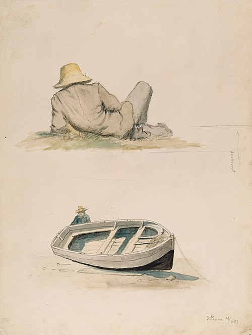 Heinikolla selin lepäävä mies ; Mies ja maihin vedetty vene, 1883, Oscar Kleineh